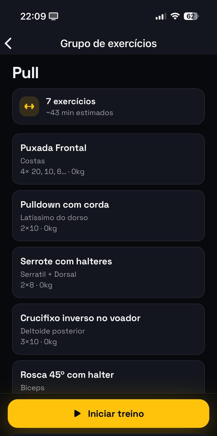 Detalhe de um treino de Pull: sete exercícios com séries, repetições e tempo estimado